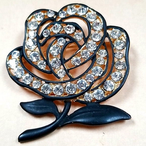 Vintage Black Enamel Rose Rhinestone Gold Tone Brooch - Picture 10 of 12